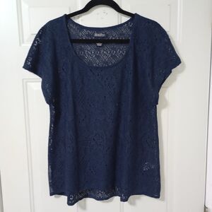Lucky Brand Live in Love Navy Blue Crochet Open Weave Knit Top Size L EUC